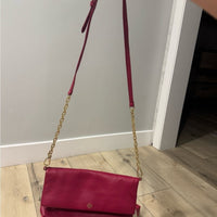 Tory Burch Foldover Crossbody Dark Pink/Red Leather  Bag EUC