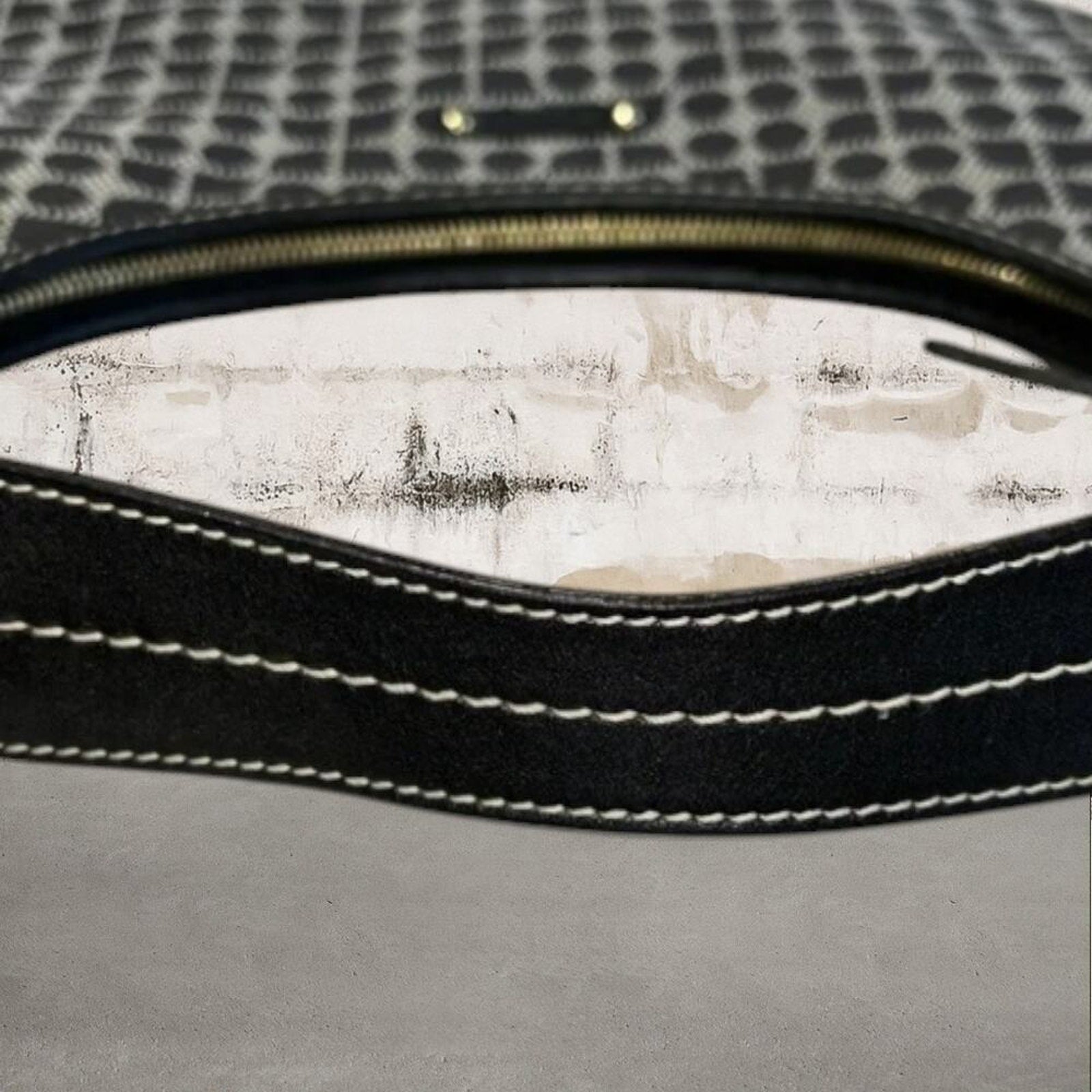 Kate Spade ♠️ Handbag Dot Noel Black Gray Canvas Leather Shoulder Hobo Bag