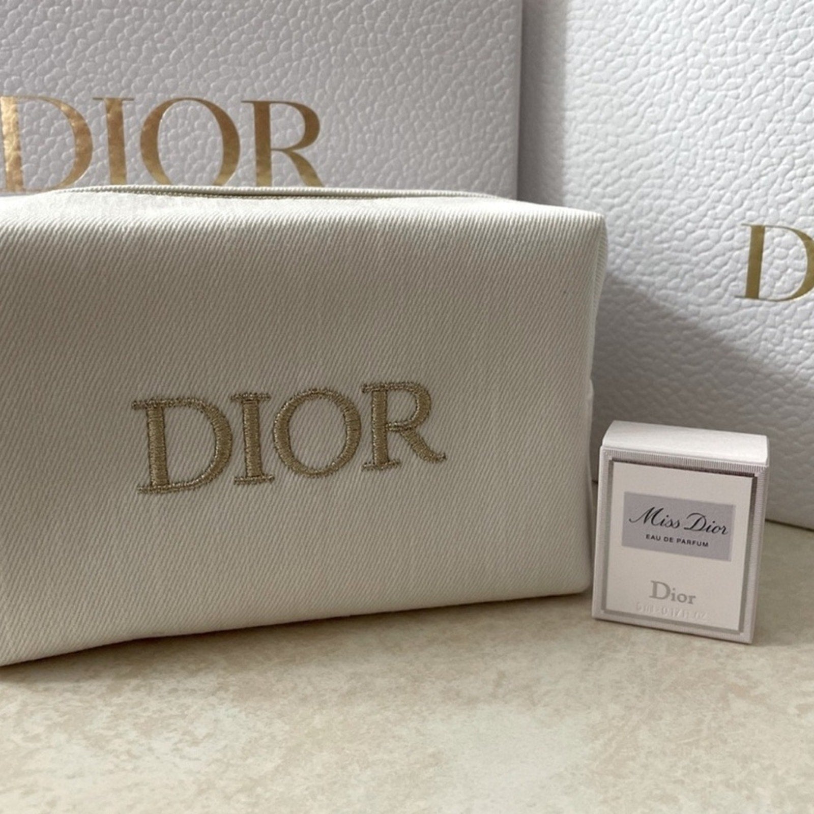 Dior White and Gold Cosmetic Pouch with Miss Dior Perfume