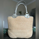 Coach Bleeker Natural Straw Metallic Bronze Floral Embroidered Logo Tote!