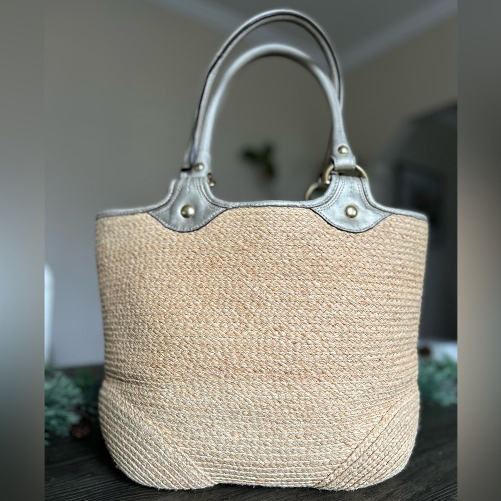Coach Bleeker Natural Straw Metallic Bronze Floral Embroidered Logo Tote!