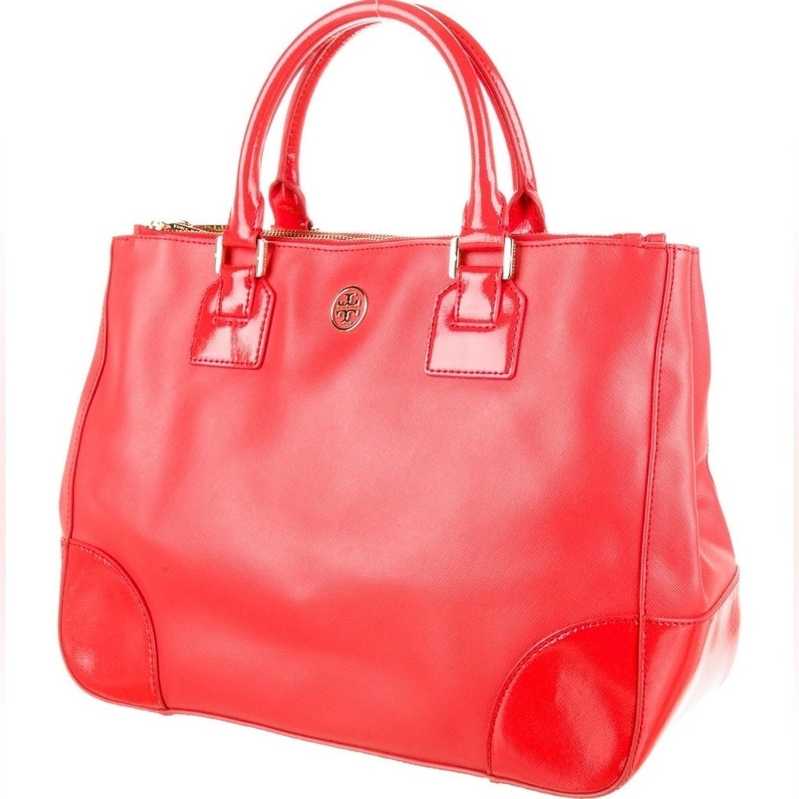 Tory Burch RED Robinson Double Zip Tote with cross body EUC