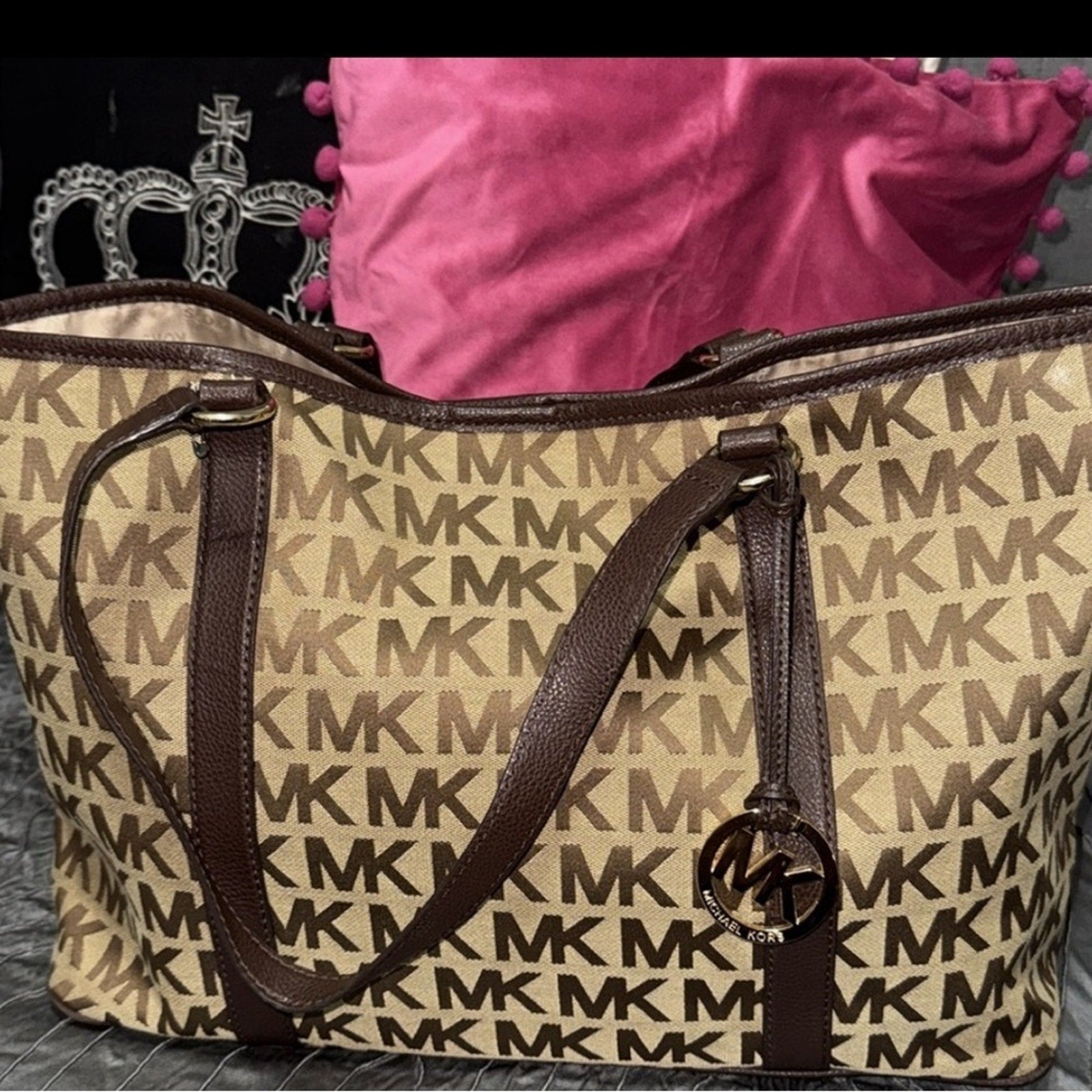 Michael Kors MK Monogram Signature Logo Brown Tan Large Tote Shoulder Bag