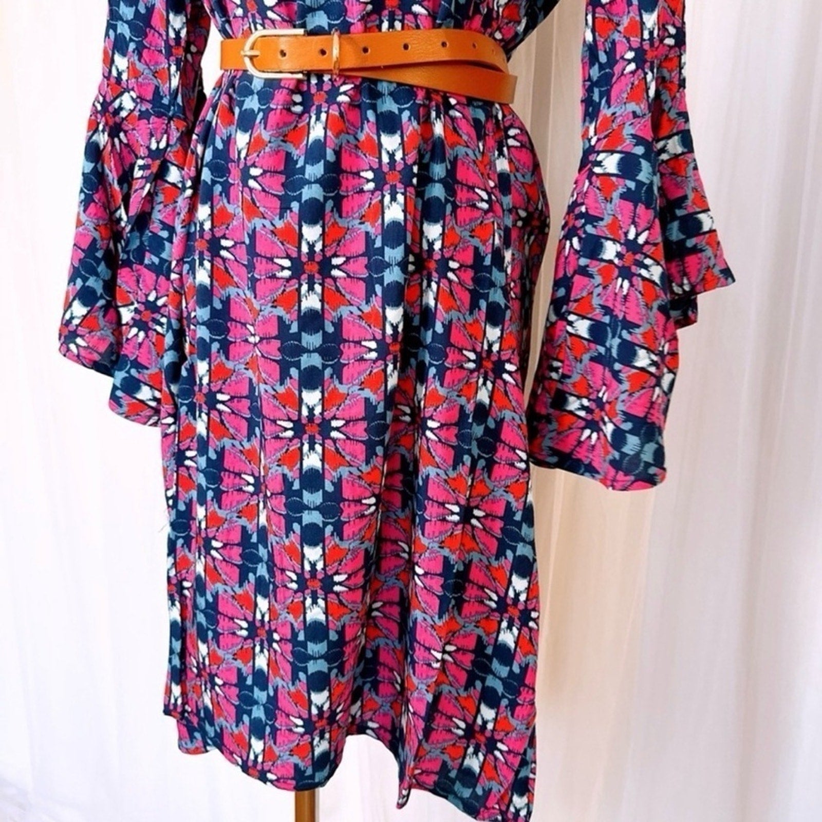 Pink and Blue Fireside Spark Becca Flared Sleeve Knee Dress Small Medium