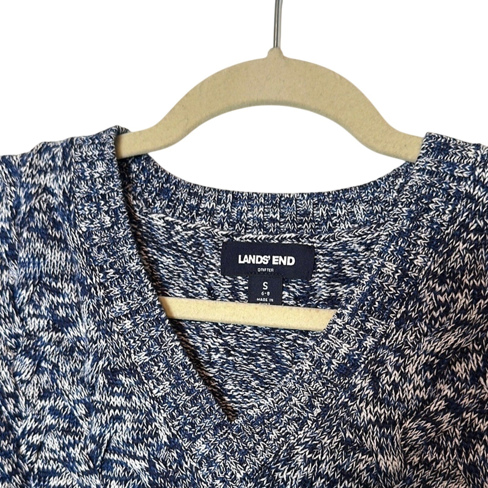 Lands End Drifter Sweater Size S Blue Marbled Cable Knit V-neck