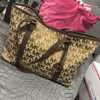 Michael Kors MK Monogram Signature Logo Brown Tan Large Tote Shoulder Bag