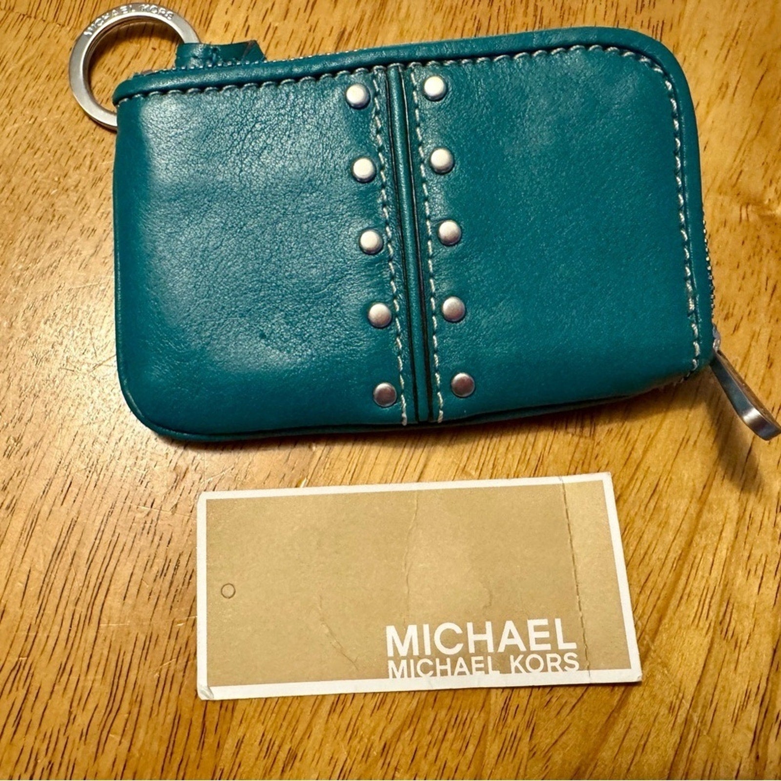 Michael Kors Astor Coin Purse Keychain with Studs in Turquoise NWT