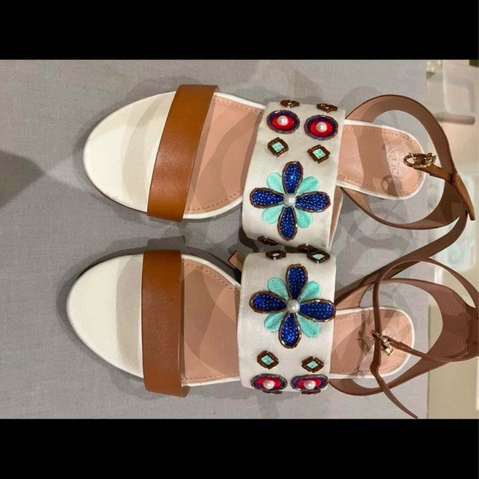 Tory Burch Estella White Multicolor 35mm Wedge Sandals Sz 9, 375, NEVER WORN O/S