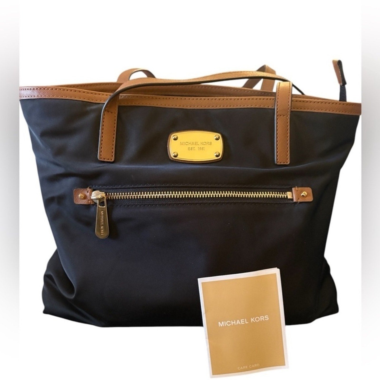 MICHAEL KORS Kempton Navy Nylon & Tan Leather Tote Purse Double Handles