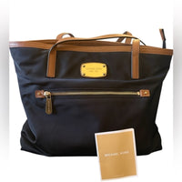 MICHAEL KORS Kempton Navy Nylon & Tan Leather Tote Purse Double Handles
