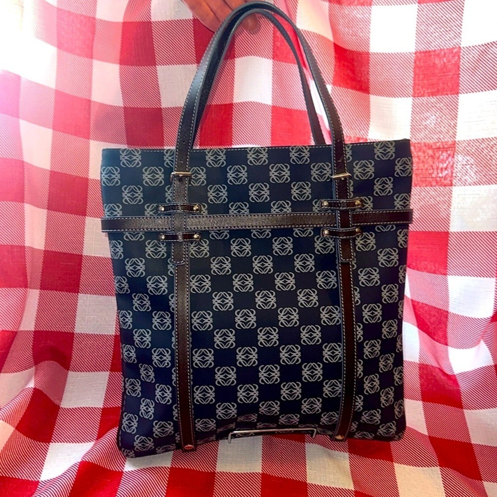 LOEWE Anagram tote bag handbag PVC leather navy light blue dark brown Rare