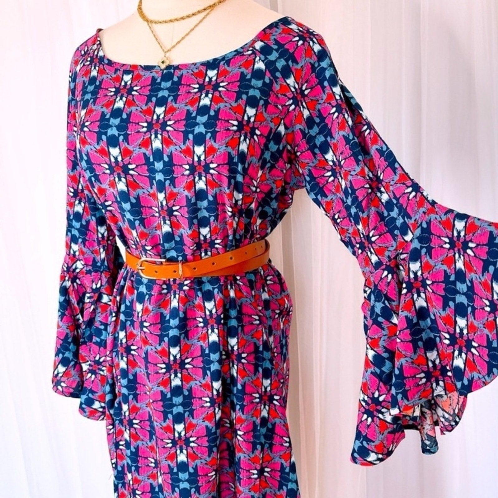 Pink and Blue Fireside Spark Becca Flared Sleeve Knee Dress Small Medium