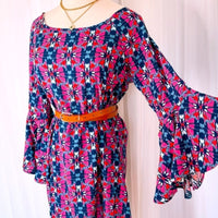 Pink and Blue Fireside Spark Becca Flared Sleeve Knee Dress Small Medium